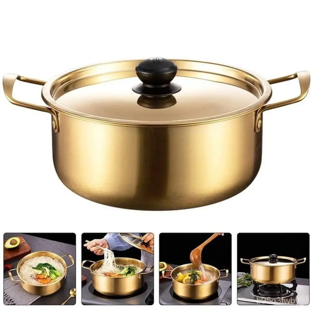 Mini olla Ramen coreana de acero inoxidable chapada en oro, olla para sopa de doble oreja con tapa, olla caliente, utensilios de cocina para acampar