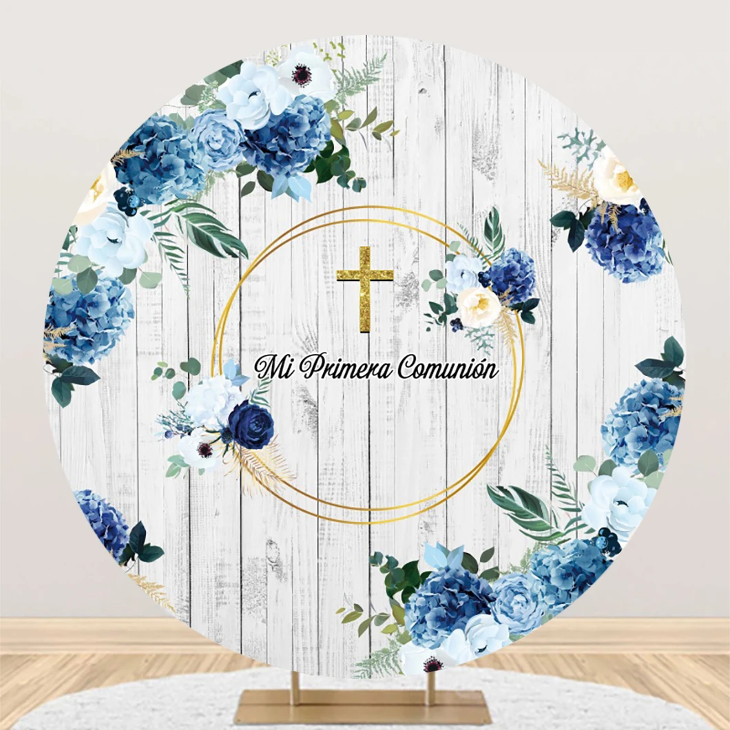 My First Communion Wood Board Round Backdrop Watercolor Floral Gold Cross Kid Baby Portrait Customized Photography Background