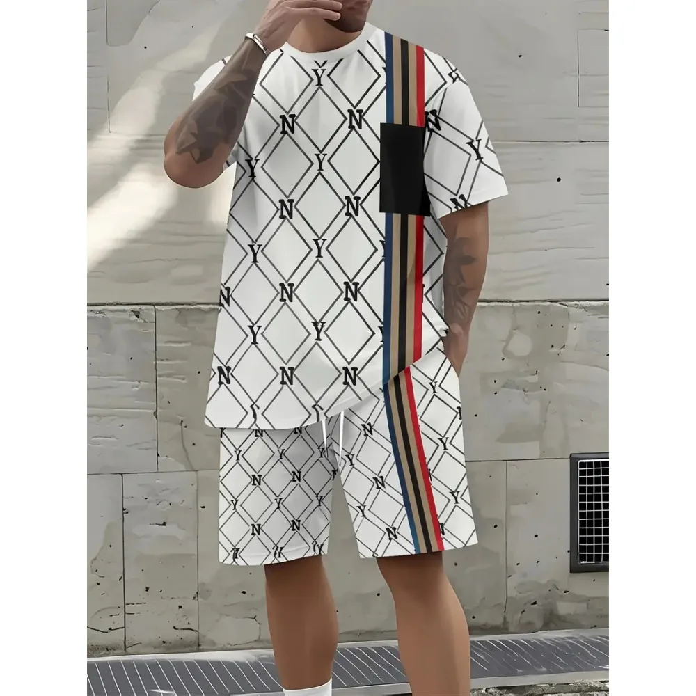 

2025 Летняя мужская одежда с буквенным принтом, топ с короткими рукавами, мужские шорты с эластичной резинкой на талии, комплект из 2 предметов, футболки больших размеров, комплект с шортами