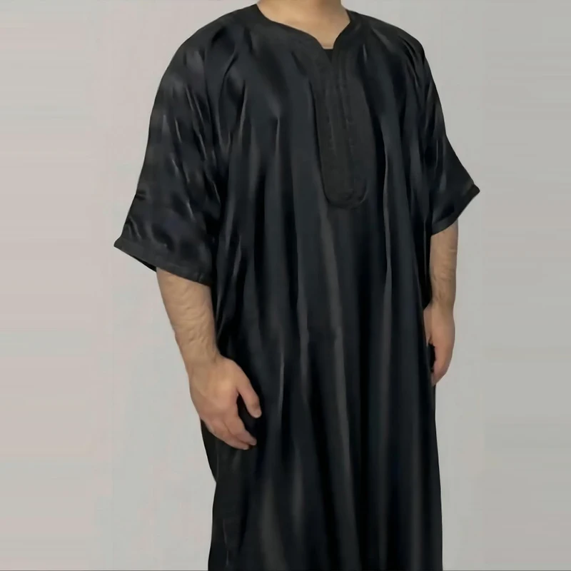 الرجال مسلم الجلباب الشرق الأوسط العربية رمضان الملابس الإسلامية الرجال جوبا قفطان جولة الرقبة طويلة الأكمام التطريز تي شيرت اللباس
