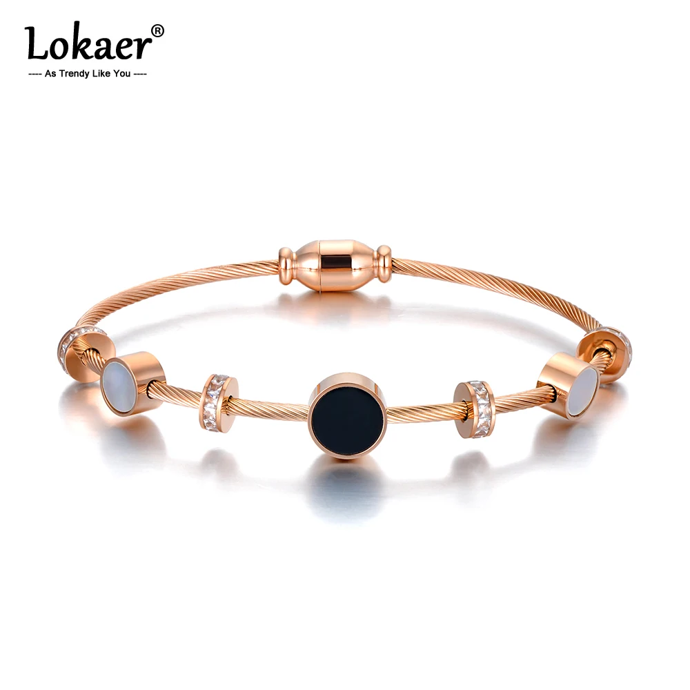 Lokaer Trendy Black/White Shell Charm Bracelets Bangle For Women Stainless Steel CZ Link Chain Bracelet For Birthday Gift B20021