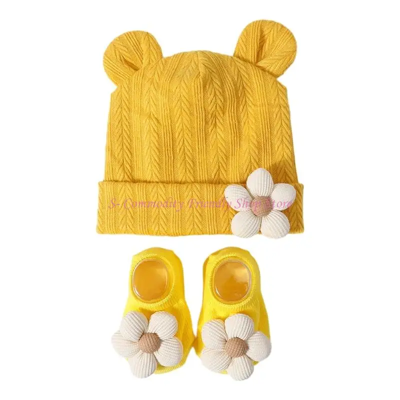 

85AE Baby Bonnet & Socks Set Breathable Stretchy Component Infant Winter Hat & Socks set for Infants 0-12 Months Daily Use