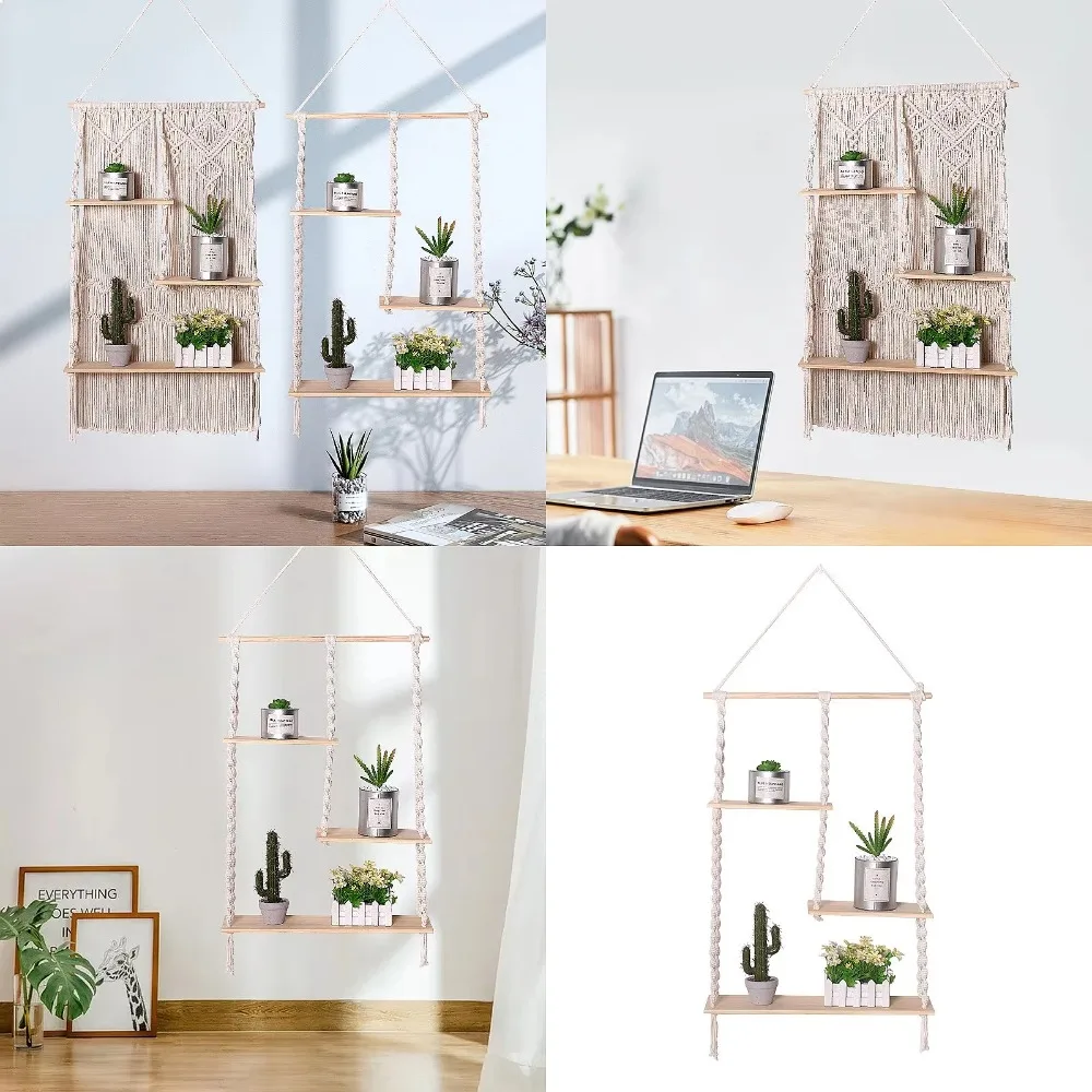 Macrame Wall Hanging Shelf 3 Tier Plant Hanger, Boho Woven Wall Decor for Home, Rope Wall Organizer