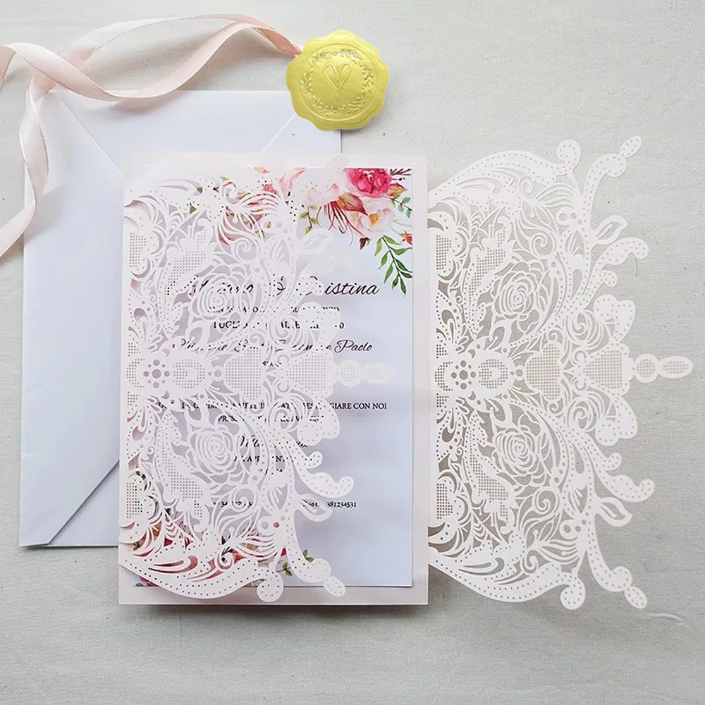 

100 pieces Laser Floral Light Pink Wedding Invitation Card, Customized Print Bridal Shower XV Quinceanera Invitations IC119