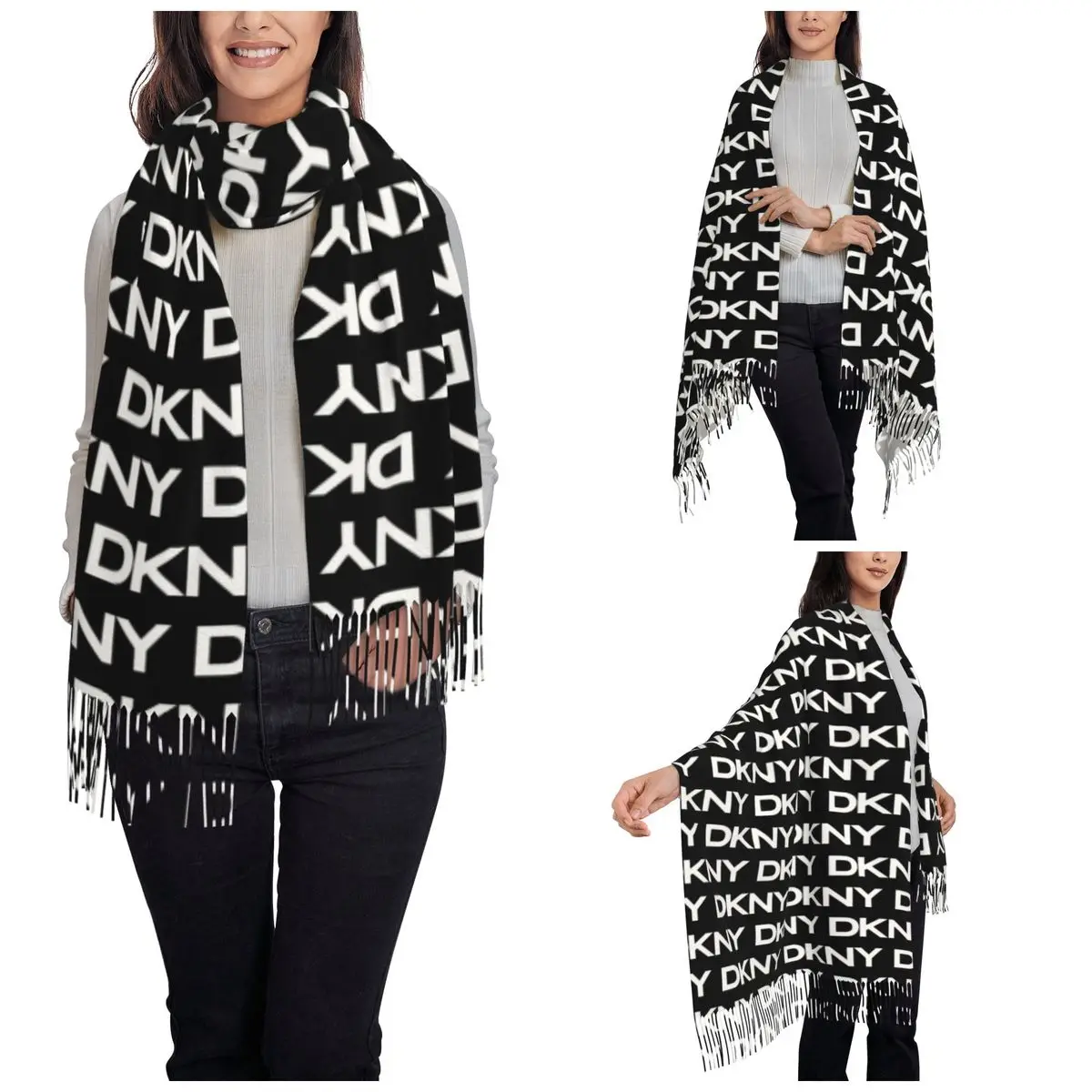 Womens Tassel Scarf DKNYS Logo Large Winter Fall Shawl Wrap Gifts Cashmere Scarf