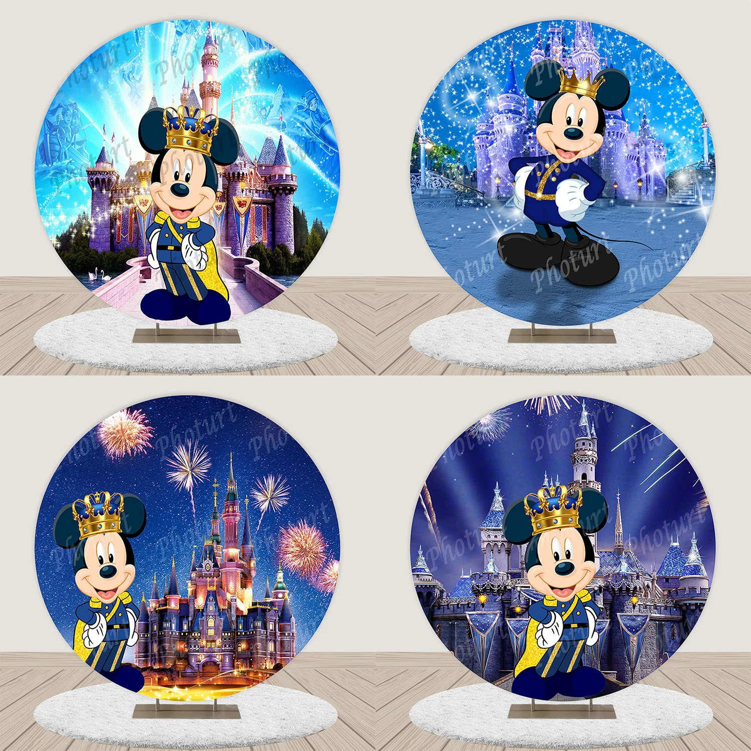 Round Mickey Mouse Background Birthday Party Backdrop Golden Royal Crown Castle Circle Banner Photography Decoration Props