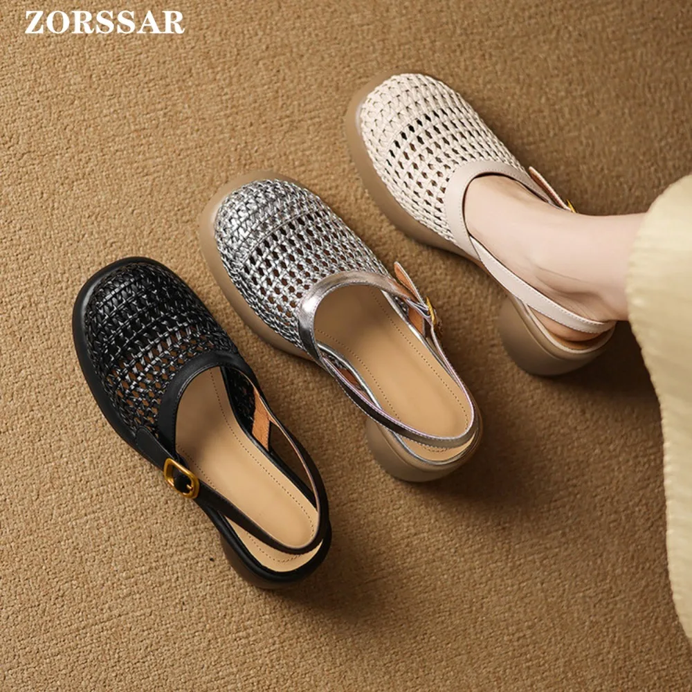 

2025 Summer Closed Toe Hollow Mesh High Heels Roman Sandals Round Heels Silver Black Pumps 7CM Sheepskin Woman Modern Sandals