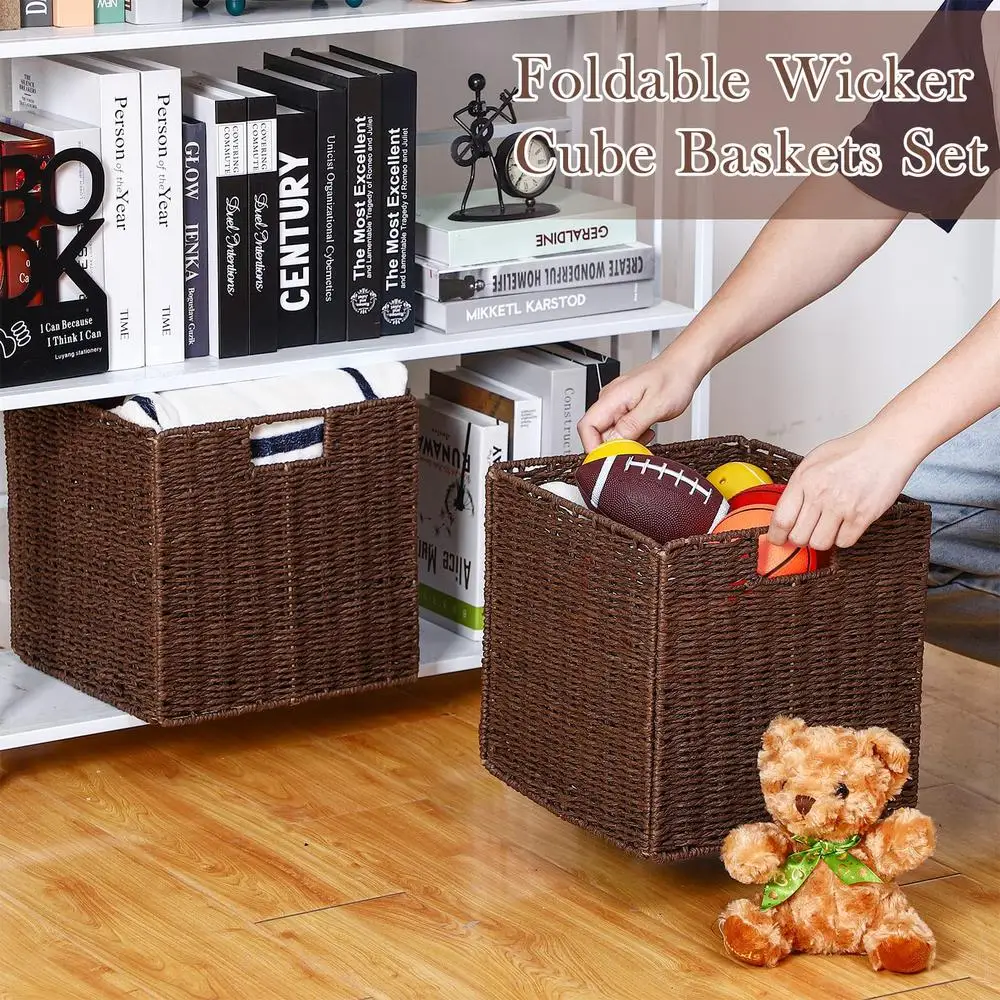 6-Pack Hand-Woven Willow Rattan Storage Baskets Collapsible Wicker Cube Bins 11x11x11 Inch