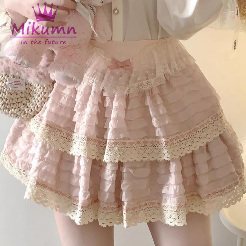 Mikumn Japanese Kawaii Lolita Skirt Women Y2k Sweet Bow Lace Ruffles Pleated Cake Skirt Harajuku Girls Cute A-line Mini Skirts