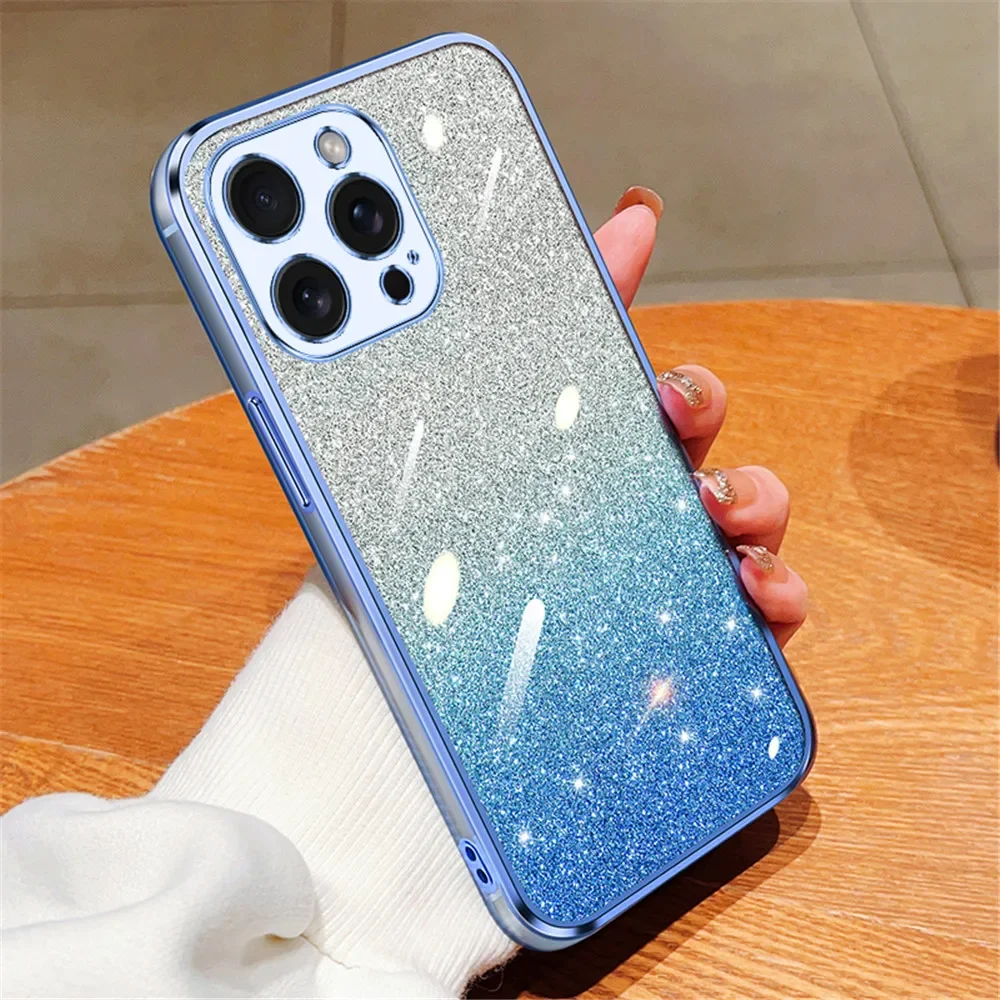 Capa de telefone galvanizada com brilho gradiente, tampa traseira transparente de silicone macio TPU para iPhone 15, 14 Plus, 12, 13 Mini, 11 Pro Max