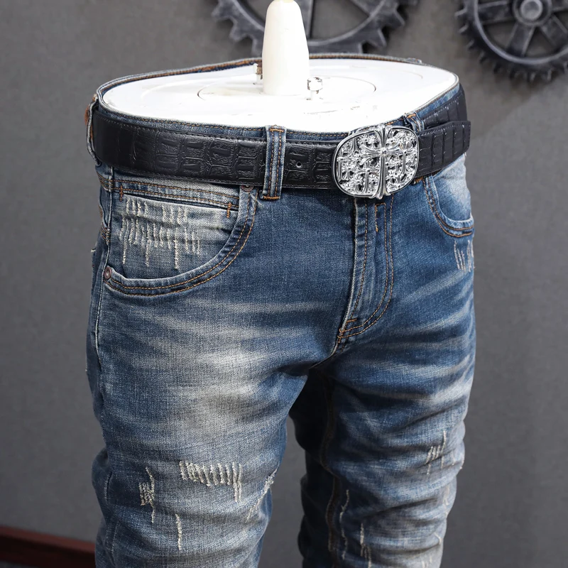 Y2K new men's retro blue jeans, washed with water, nostalgic stretch, slim fit, embroidered jeans, Italian designer high