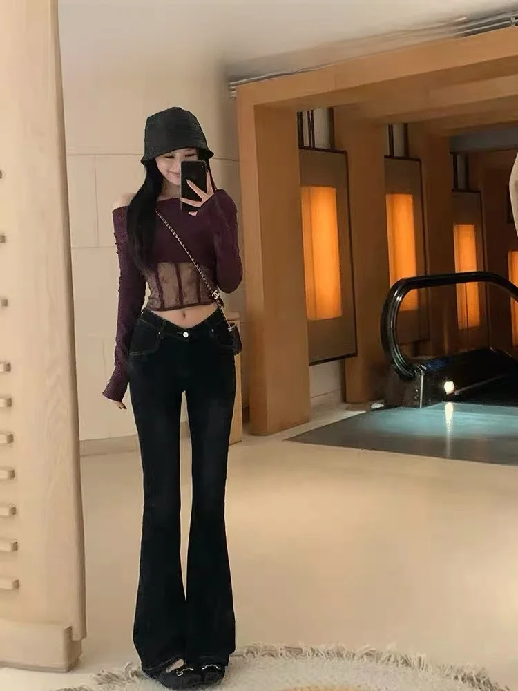 

High Waist Slim Fit Denim Jeans Women's Elastic Micro Flared Long Pants Korean Style Autumn Winter New Arrival Cotton Stretch