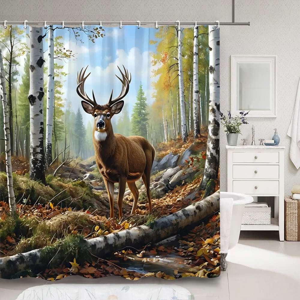 Deer Shower Curtain Deep Forest Autumn Nature Landscape Animal Thanksgiving Polyester Shower Curtains Bathroom Decor with Hooks