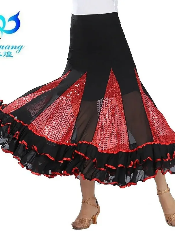 New Mesh Large Swing Dance Skirt Modern Dance Dress Sequin Long Skirt Ballroom Dance Clothes National Standard Waltz Skirt