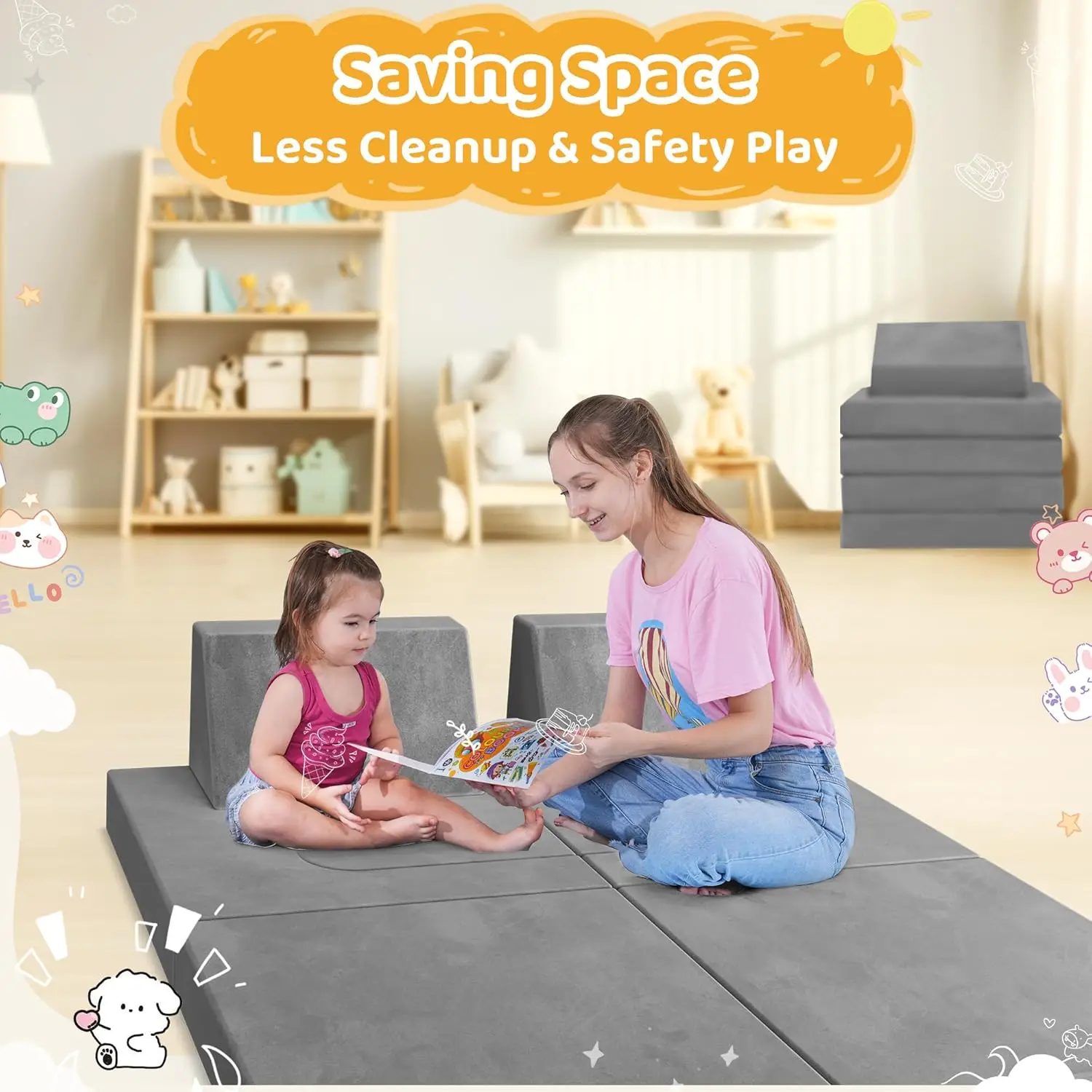 Modular Kids Play Couch Convertible - Toddler & Child Sofa DIY Creativing Play Couch for Playroom Bedroom Nursery Freely Removab