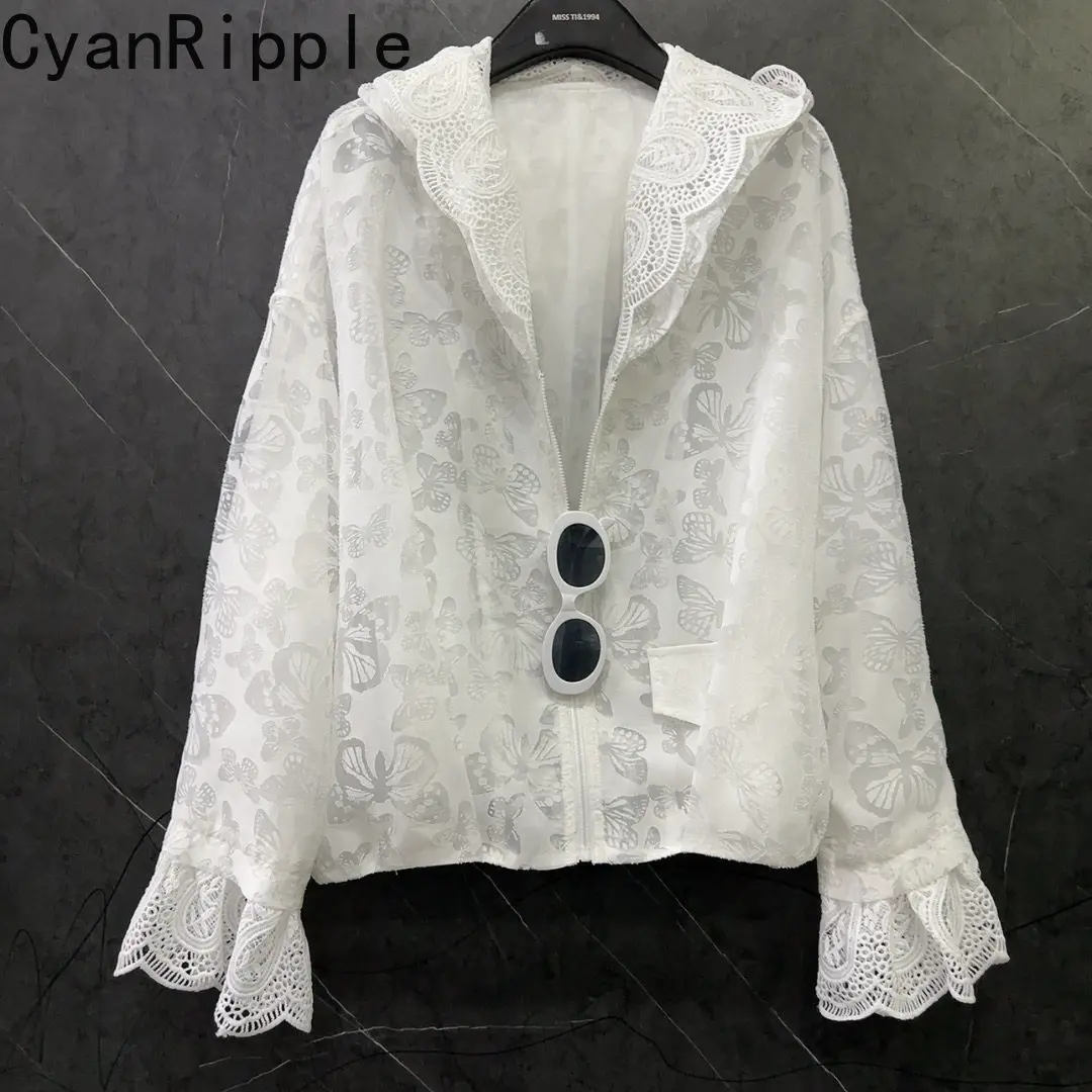 2026 New Spring Summer Loose Zip Cardigans Coat Hollow Out Butterfly Double Layer Hooded Shirts Long Sleeve Casual Women Blouses