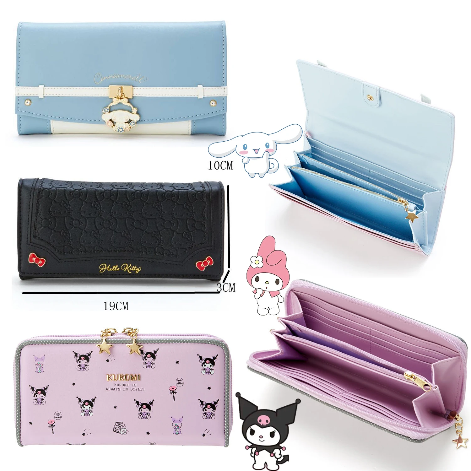 Sanrio Cinnamoroll Kuromi Mymelody Cartoon Women PU Long Wallets kawaii Anime Purse Card Bag Clutch Bag Purse Money Clip Wallet