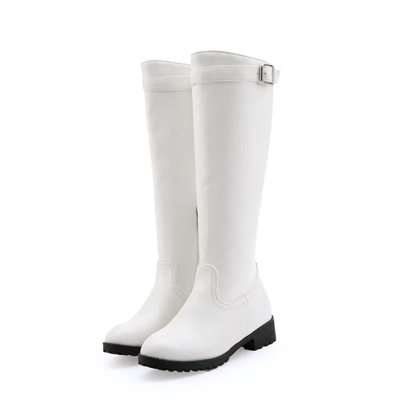 

Женские ботинки до колена на низком каблуке, черно-белая модная женская обувь из искусственной кожи, мотоциклетная обувь, Zapatos De Mujer WSH5386