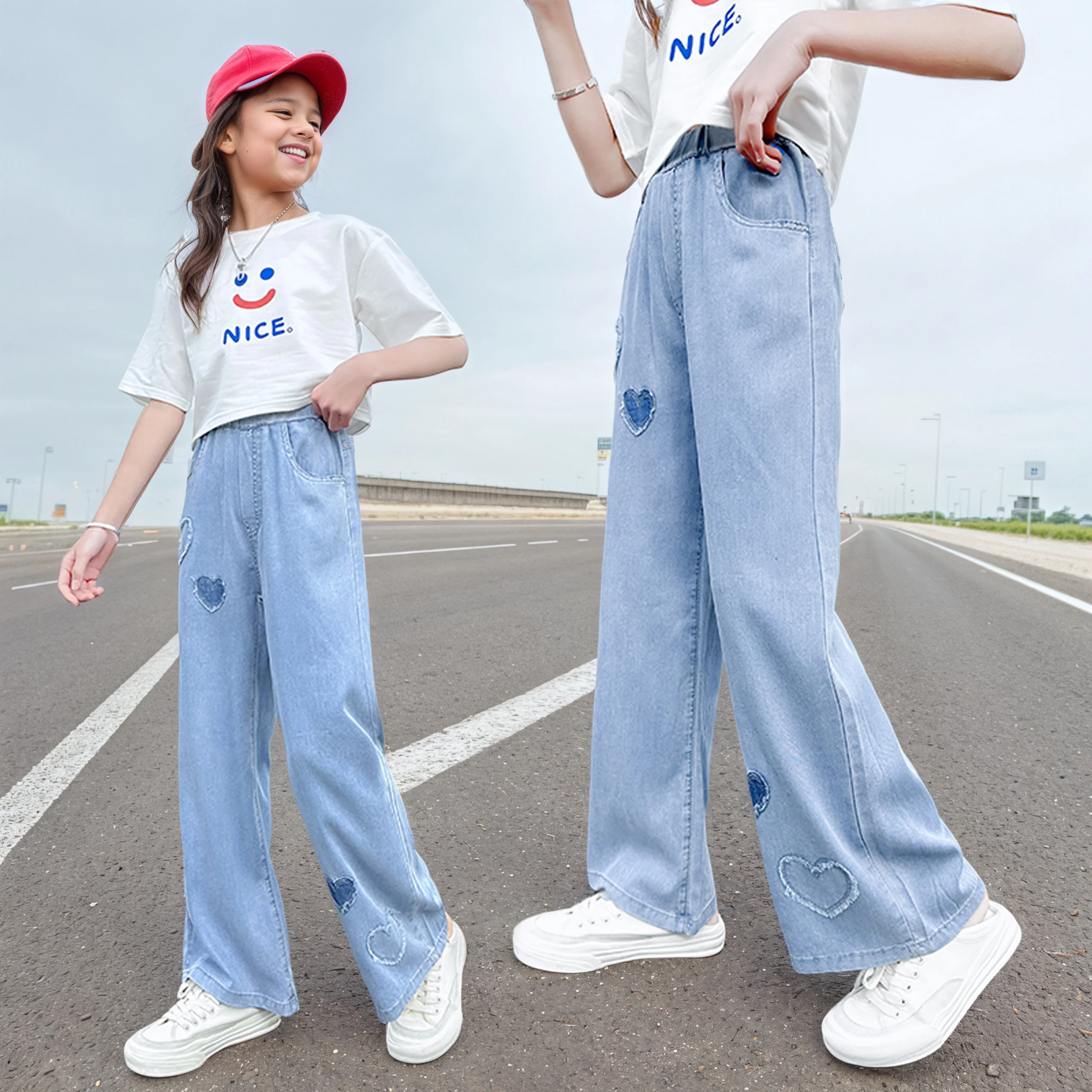 

Летний новый продукт для девочек, широкие брюки Tiansi с вышивкой в форме сердца, лето 2022, утягивающие широкие брюки, повседневные и модные