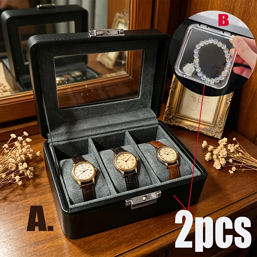 2Pcs Watch Box Set, 3 Slot Leather Watch Display Case with Clear Window + Clear Bracelet Organizer Box