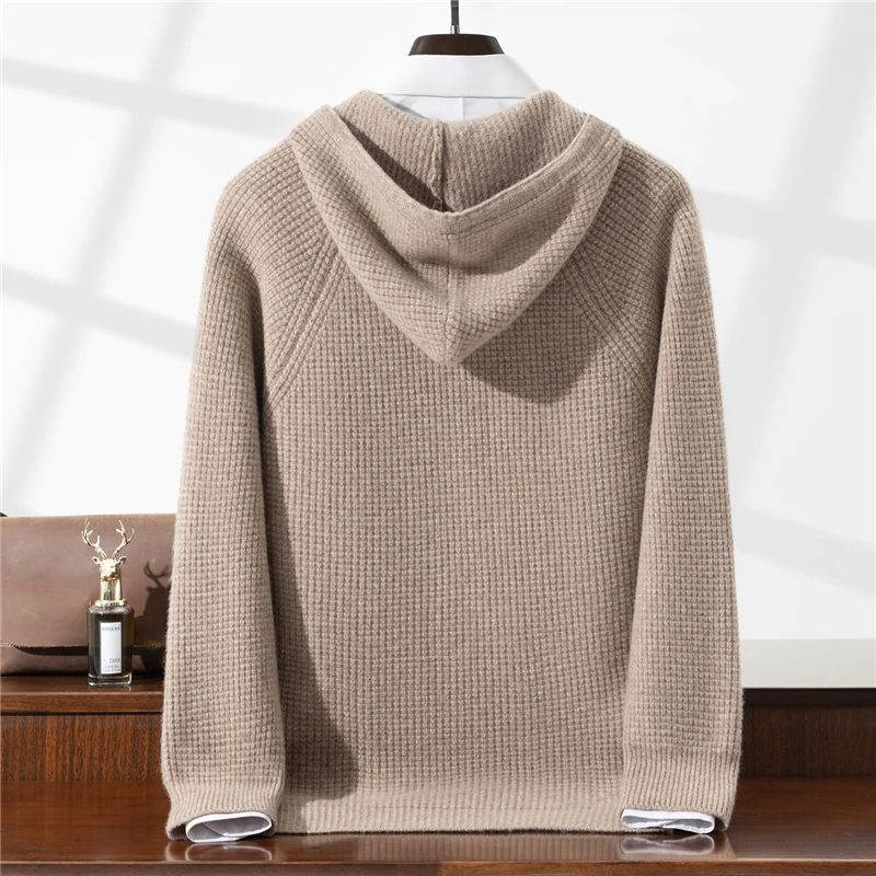 Autumn Winter New 100% Pure Wool Sweater Zipper Men's Cardigan Loose Casual Hooded Pocket Knitted Sweater Coat