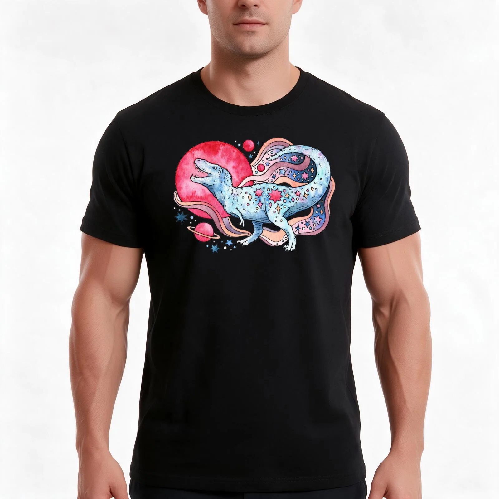 Star Rex | Cosmic Dinosaur Watercolor T-Shirt, Summer Casual Cotton Tee, Oversized Streetwear Tops, Vintage Graphic Print
