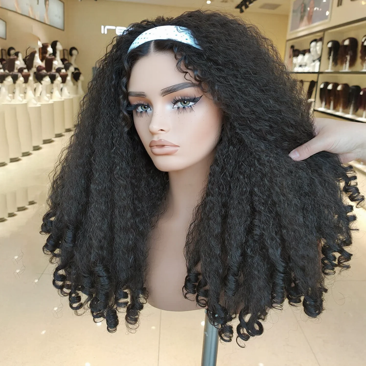 

Афро-кудрявые парики с повязкой на голову, пушистые странные прямые с вьющимися концами, бесклеевые парики для чернокожих женщин, термостойкие синтетические полупарики