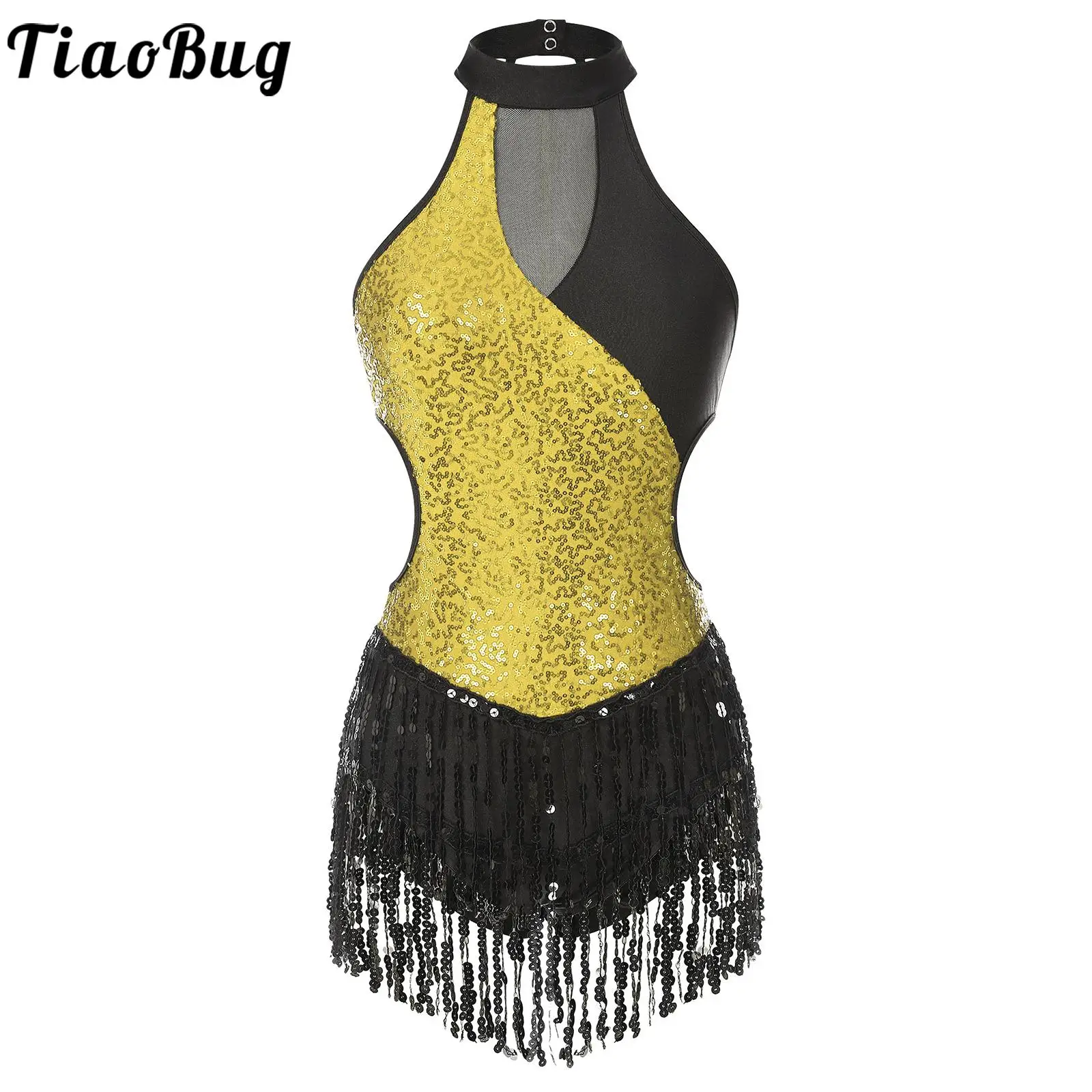 

Adults Latin Dance Dress Women Sparkly Sequin Latin Chacha Rumba Leotard Patchwork Shiny Tassel Skirts Performance Costume