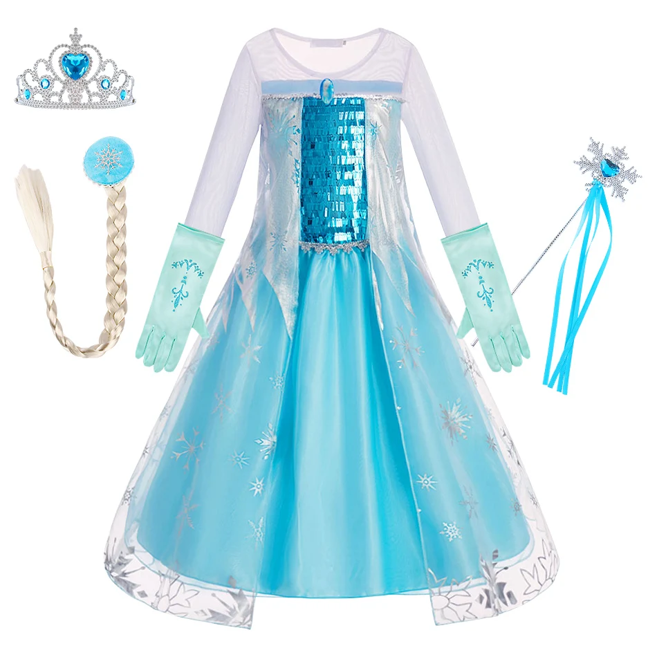 Children Elsa Clothes Kids Princess Performance Dress Girls Snow Queen Long Sleeve Snowflake Printed Dress Kids Cosplay Dresses