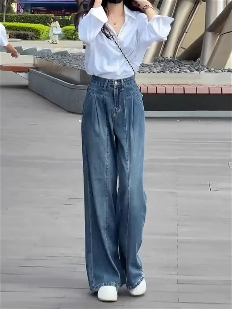 

Широкие джинсовые джинсы с высокой талией в стиле ретро, женские джинсы свободного покроя, скрывающие бедра, грушевидные джинсы для похудения, драпировка на талии