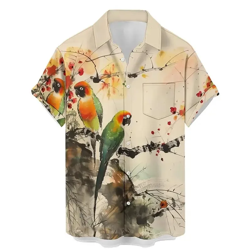 2025 New Men's Shirt 3d Fashion Casual Parrot Bird Print Hawaiian Lapel Button Shirt Short Sleeve Top Homme Harajuku Men's Cloth