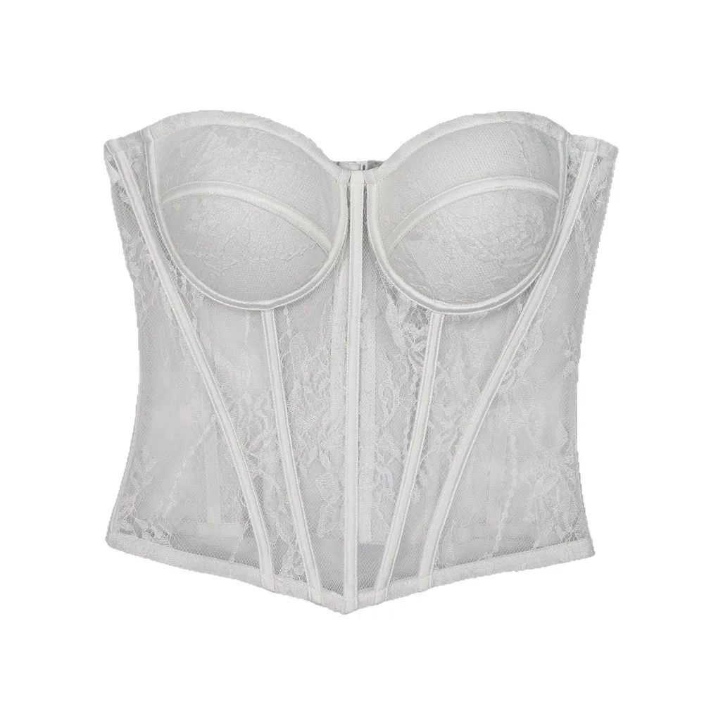 

Lace Embroidery Bustier Top, Sheer Hollow-Out Corset with Boning, Breathable Waist Training Tube Top for Women, Off-Shoulder