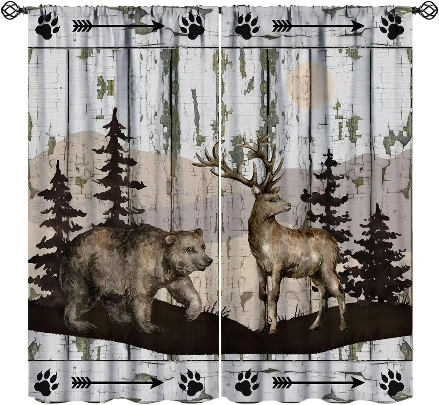 Rustic Cabin Wildlife Curtains, Wild Bear Deer Wooden Barn Tree Print,  Rod Pocket Window Drapes for Kitchen Bedroom Living Room