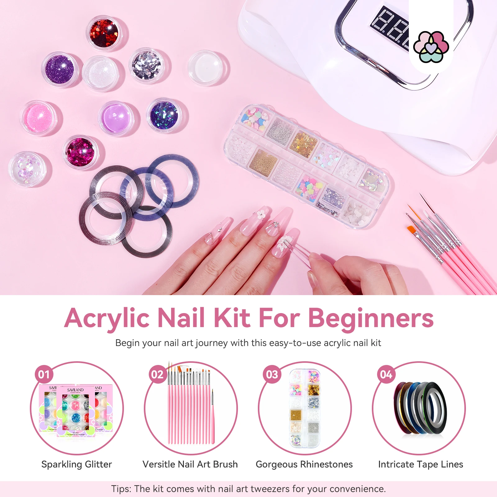 SAVILAND Complete Acrylic Nail Kit for Beginners with Keratin Powder Castor Oil Gel Polish 180W Lamp Nail Drill Full Set Tools