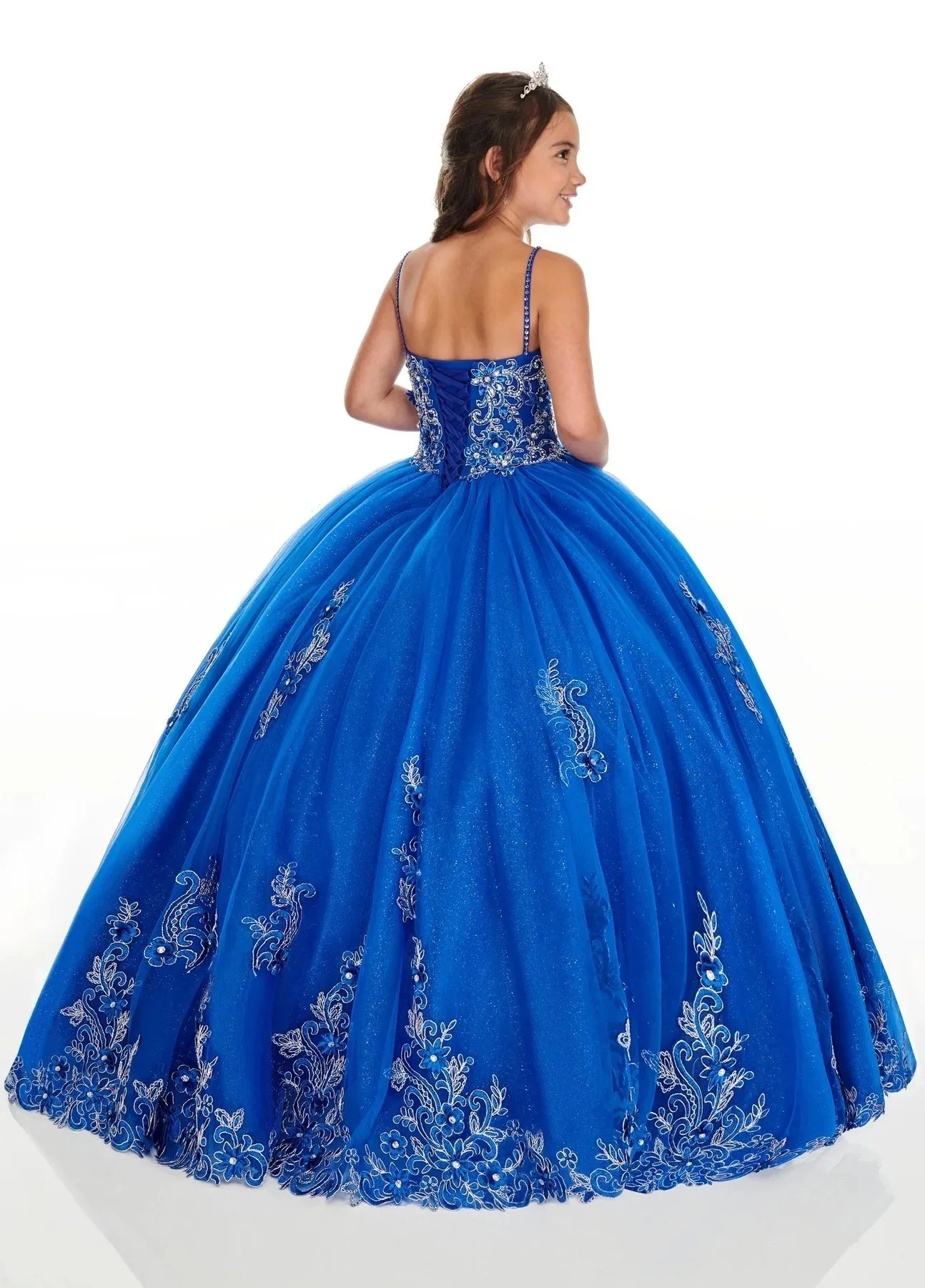 Royal Blue Mini Quinceanera Vestidos, Tulle Appliques vestido de baile, Vestidos frisados da menina da flor para casamentos, Pageant vestidos para bebê