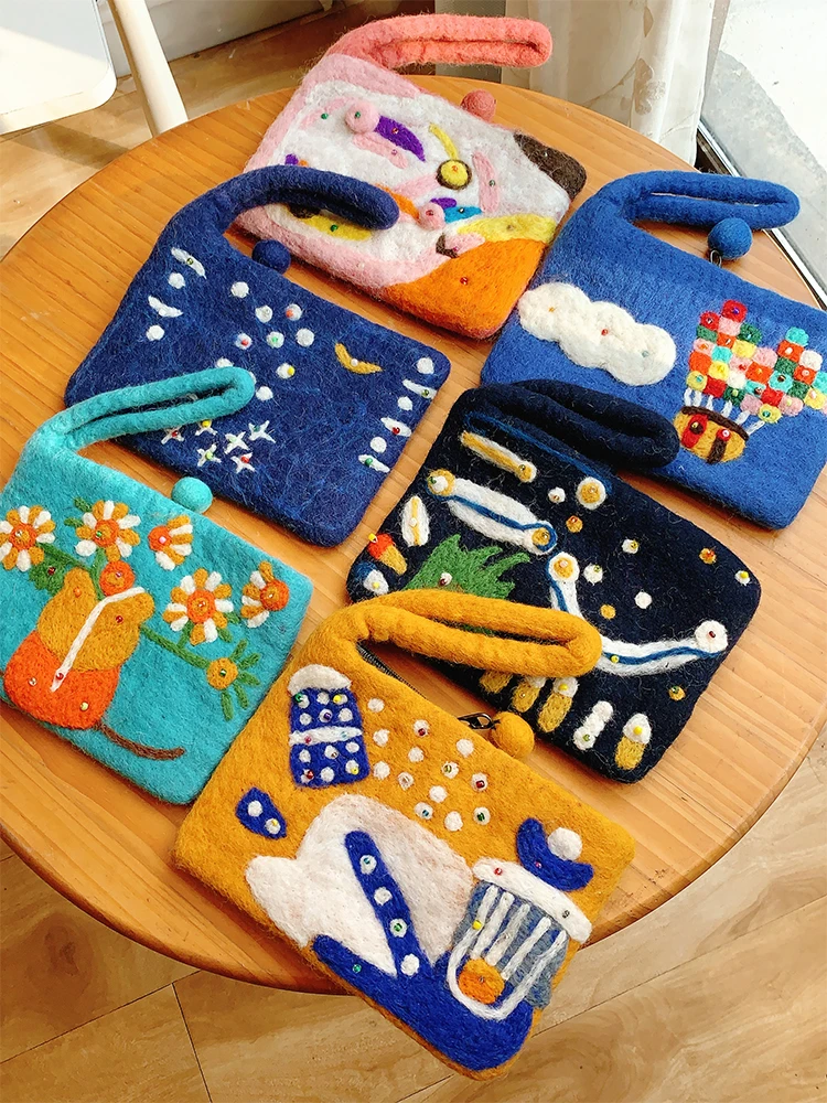 Creative Wool Felt กระเป๋าถือกระเป๋าถือเหรียญกระเป๋าสตางค์ปากกากระเป๋า Van Gogh Series ตลกฮ่าฮ่าการ์ตูน Sle ประเทศ Faion ของขวัญ