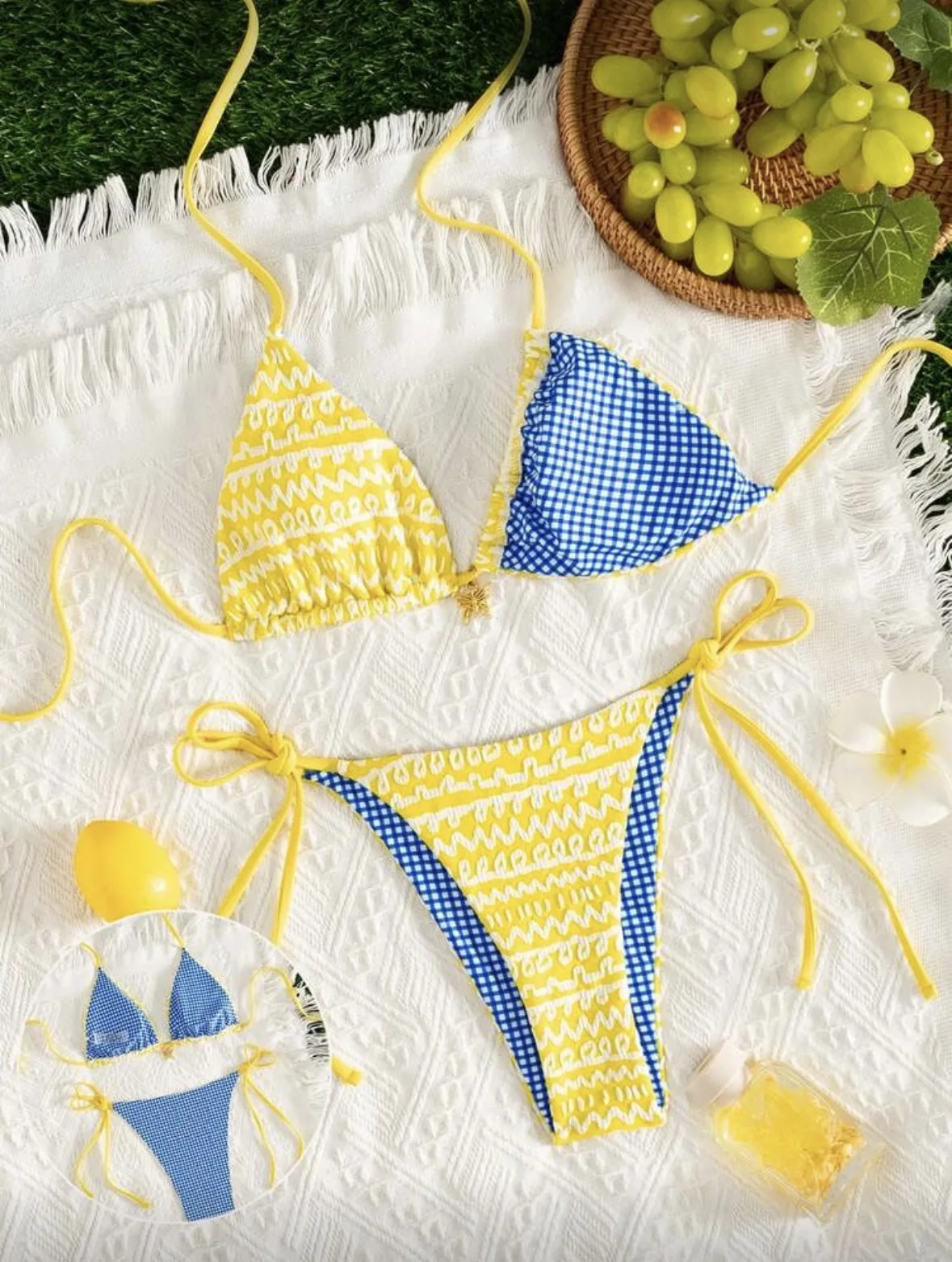 

sexy blue plaid micro bikinis sets two pieces halter tie thong swimsuits bathing suit beach outfits swimwear biquini tankini