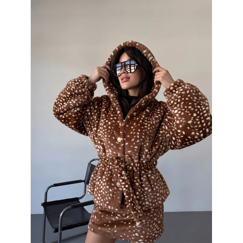 Ladies Warm Fleece Matching Outfit Deer Spotted Pattern Stand Collar Zip Front Jacket Mini Skirt Casual Winter  Two Piece Set
