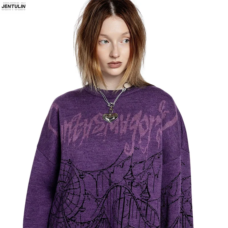 Sweater Rajut Pria Berkualitas Tinggi Musim Gugur Y2k Kerah Bulat Lengan Panjang Model Slim Fit Warna Ungu Motif Grafis Gothic Streetwear Pria