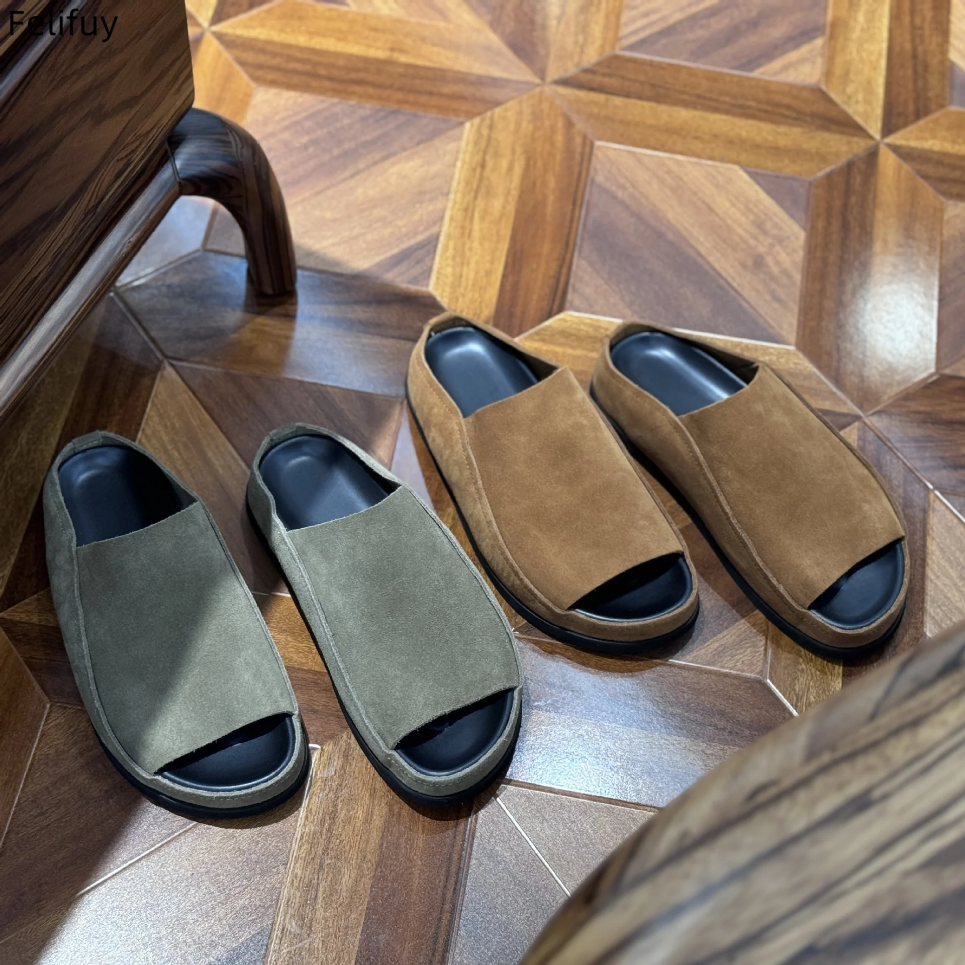 

Brown Mens Cow Suede Genuine Leather Slippers Thick Platform Shoes Casual Outside Slides Summer Open Toe Slip On Loafers Slipper