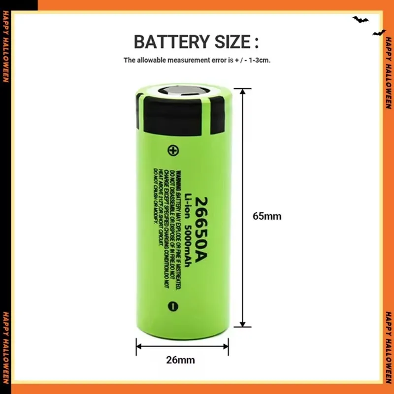 New 26650 Battery 3.7v 5000mAh 20A Discharge High Capacity Lithium Ion Rechargeable Battery 26650-50A for Flashlight Etc