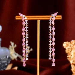 CWWZircons Extra Long Dangling Drop Pink Cubic Zirconia Tassel Ear Line Earrings for Women Daily Party Engagement Jewelry CZ993
