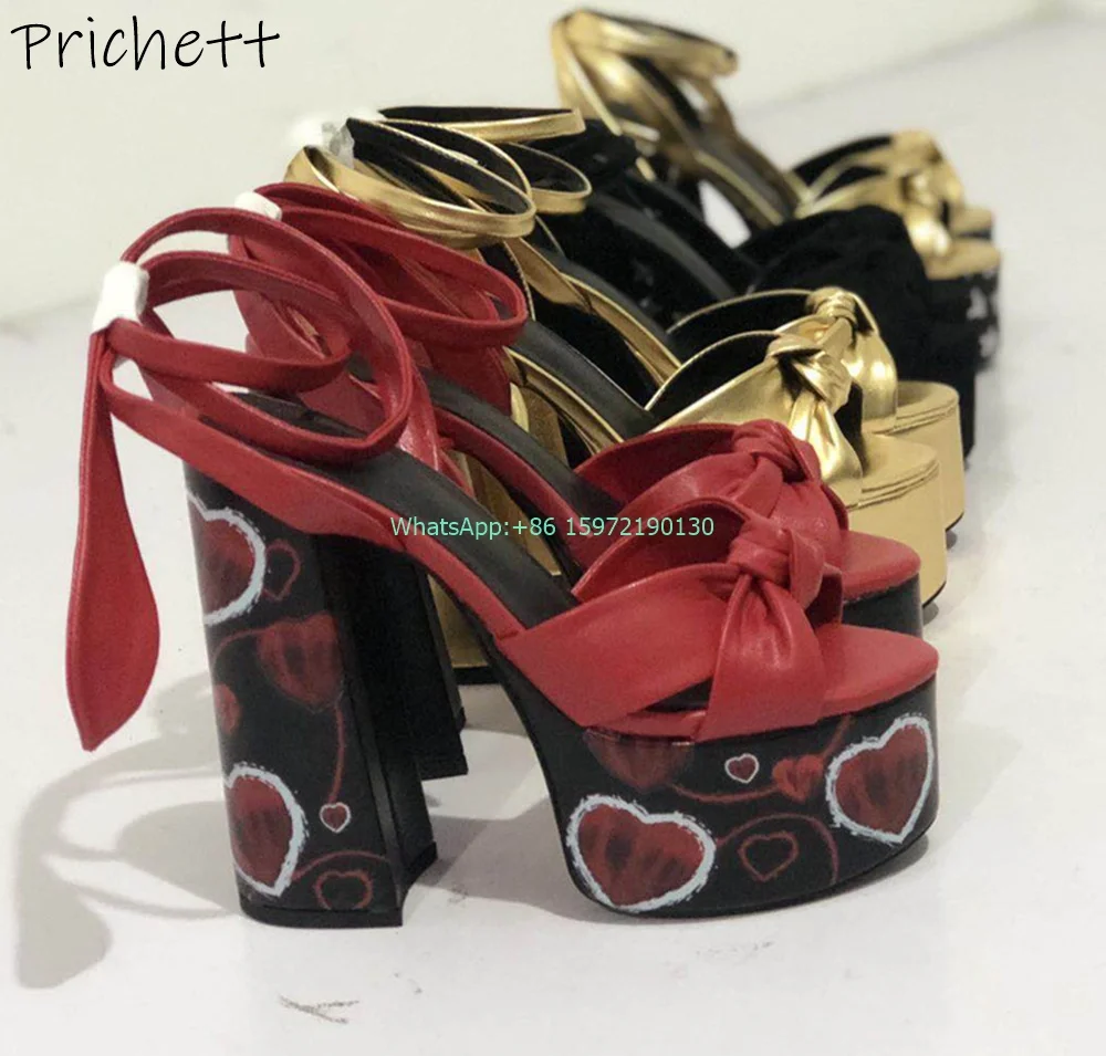 Twist Painting Ankle Band Sandals Peep Toe Platform Chunky Heels Bows Super High Heels Shoes Summer Big Size Runway Shoes