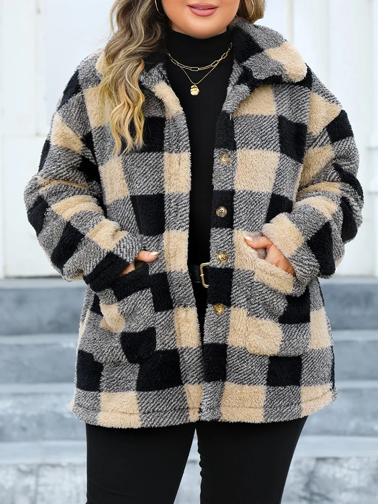 GIBSIE Plus Size Plaid Single Breasted Winter Coat Women Vintage Pockets Long Sleeve Thickened Plush Lapel Jacket Woman New 2024