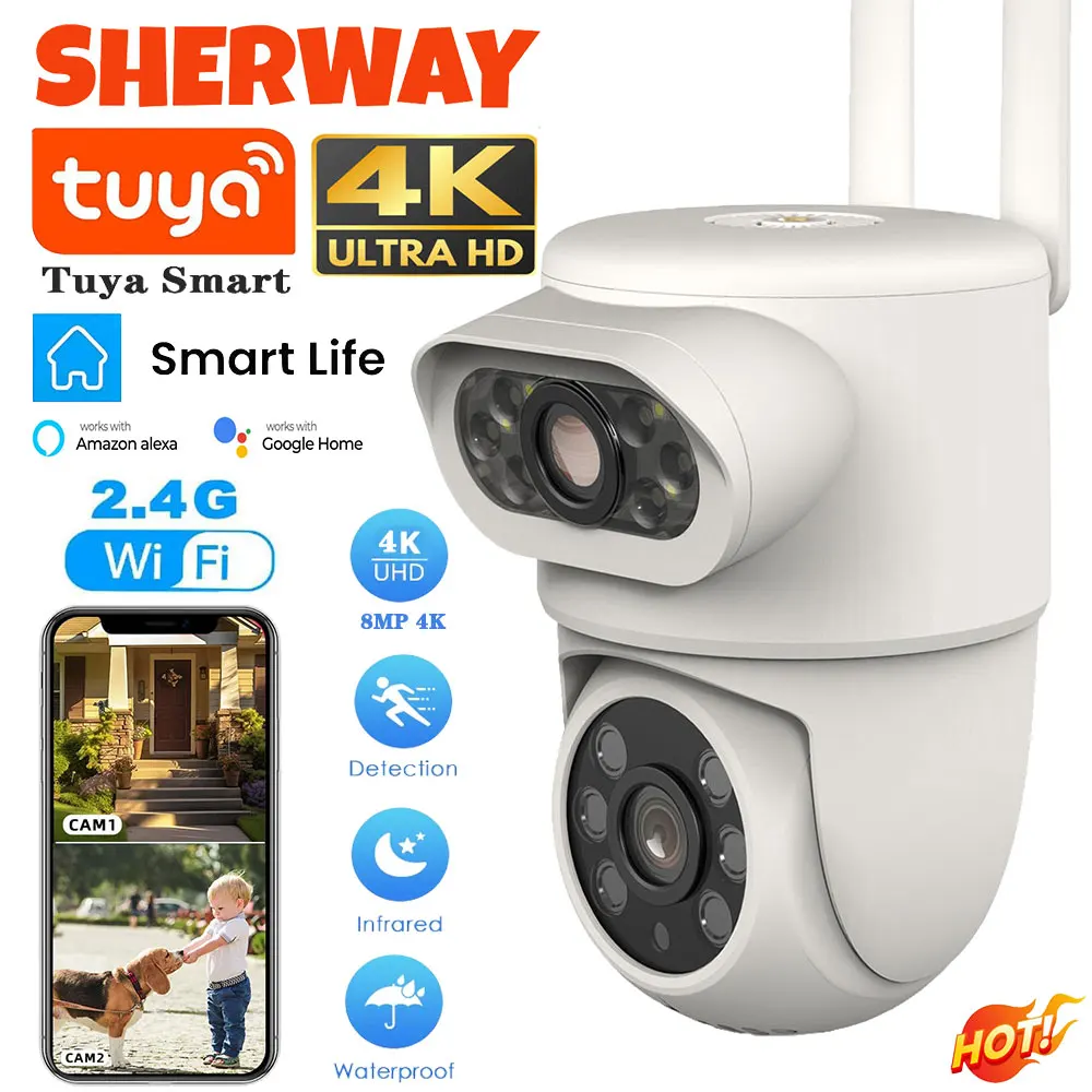 8MP 4K Tuya Dual Lens Wifi Camera Outdoor Security 4MP HD Dual Screen PTZ Camera AI Auto Tracking CCTV Audio Video Surveillance