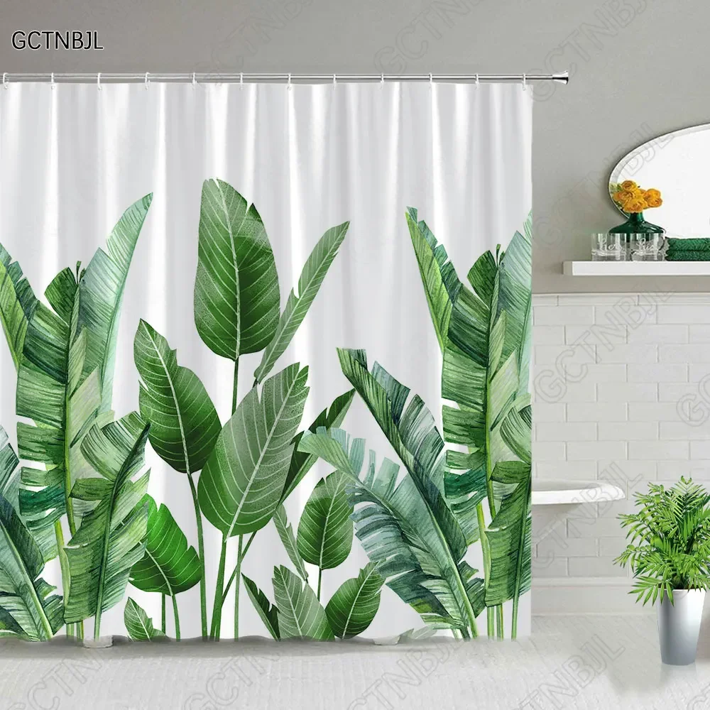 Tropical Palm Leaves Shower Curtain Set Green Plant Leaves Leaf Pumpkin Red Truck Halloween Christmas Decor Bathroom Curtains