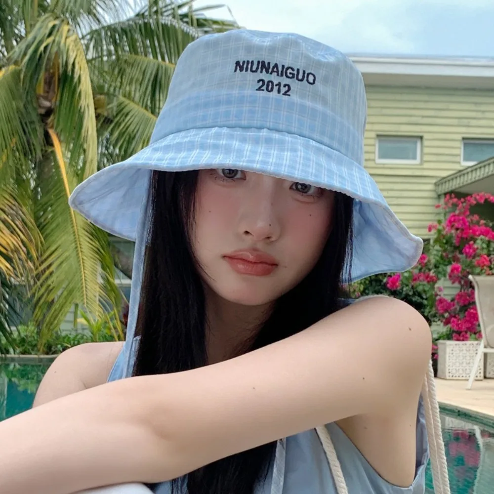 

Letter Embroidery Lattice Fisherman Hat Wide Brim Adjustable Drawstring Sun Hats UV Protection Windproof Summer Hats