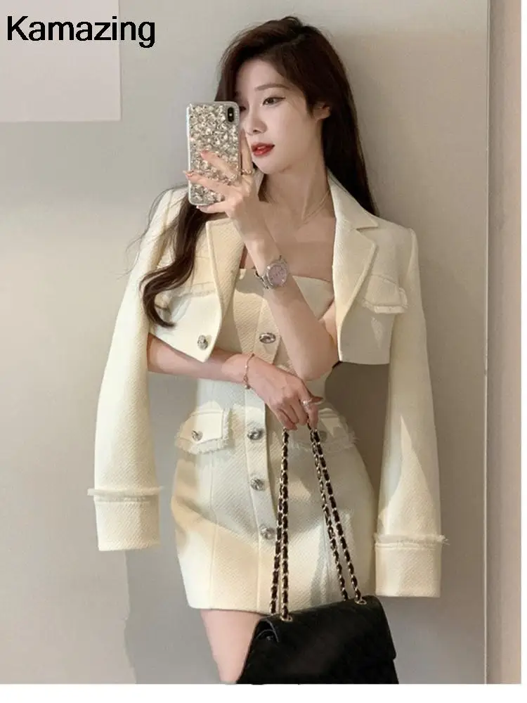 Elegant Autumn New Tweed Two-piece Set Women Long Sleeve Short Jacket Strapless Bodycon Mini Dress Korean Fashion Luxury Outfits