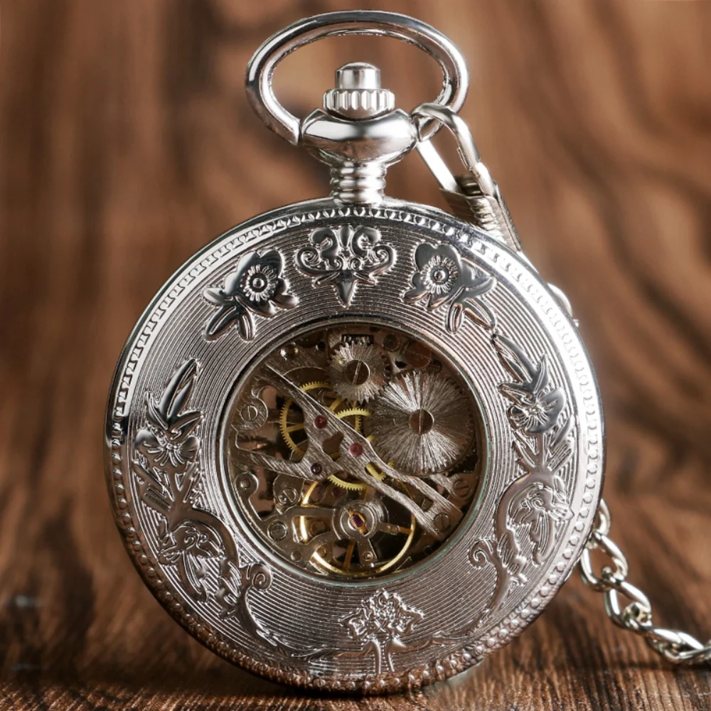 الصينية القديمة أسطورة الحيوان كيلين الجوف الفضة الميكانيكية اليد لف ساعة جيب الرجال فوب سلسلة قلادة ساعة هدية