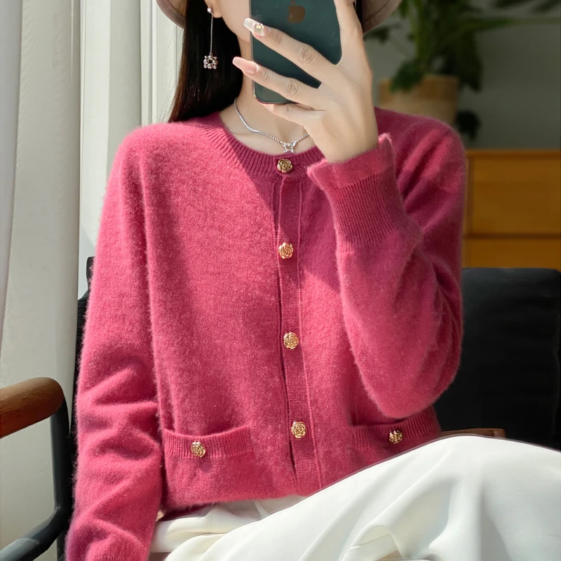 Long sleeved 100% wool knitted cardigan women's O-neck sweater comfortable, soft, thin women's cardigan sweater new product